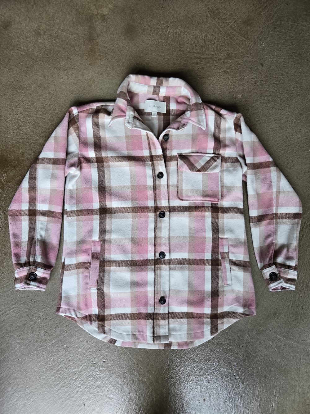 Plaid Button-Front Shacket in Pink and Brown